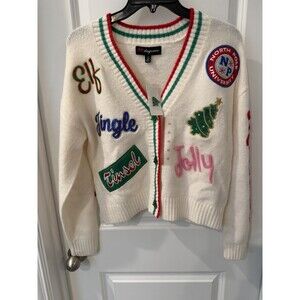 Women's Holiday Patchwork Festive Graphic Cardigan - Cream XS